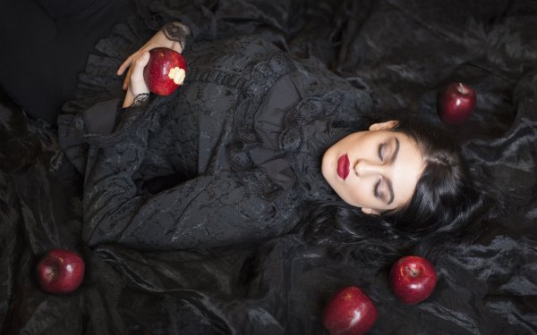 Women Mood Fantasy Snow White Apple Brunette Black Dress Lipstick HD Wallpaper | Background Image