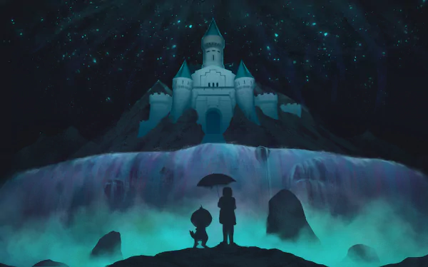 A captivating HD wallpaper featuring Monster Kid and Frisk from Undertale, set against a mystical castle backdrop illuminated by stars and a glowing waterfall.