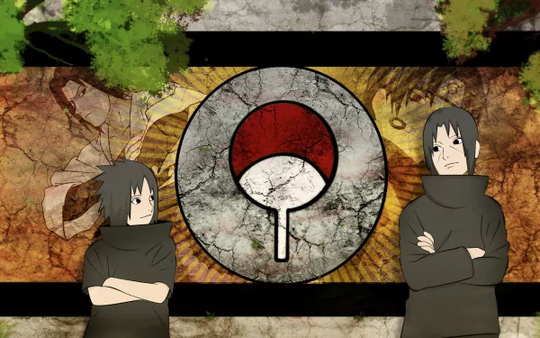 HD desktop wallpaper featuring Itachi and Sasuke Uchiha from the anime Naruto, with the Uchiha clan symbol in the center.