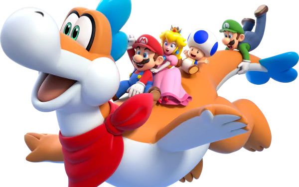 A vibrant HD wallpaper from the video game Super Mario 3D World, featuring Mario, Luigi, Princess Peach, Toad, and a friendly creature soaring through a colorful landscape.