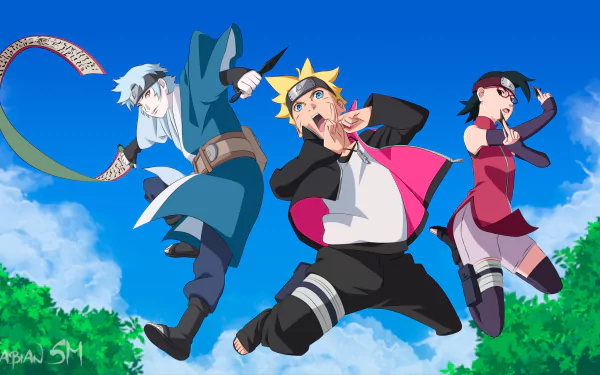 HD wallpaper featuring Boruto Uzumaki, Mitsuki, and Sarada Uchiha from the anime Boruto, set against a vibrant blue sky with clouds and greenery.