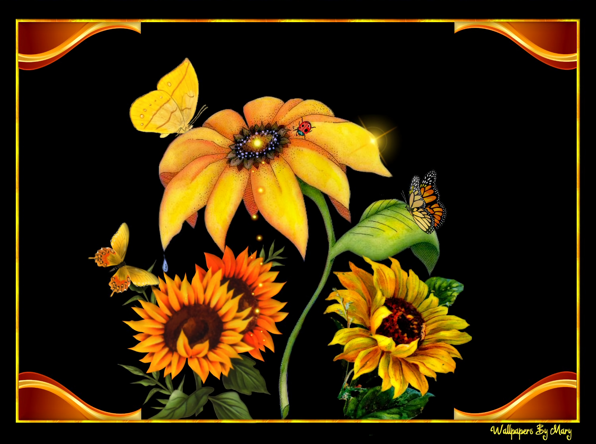 1920x1430 Sunflowers and Butterflies Wallpaper Background Image. 