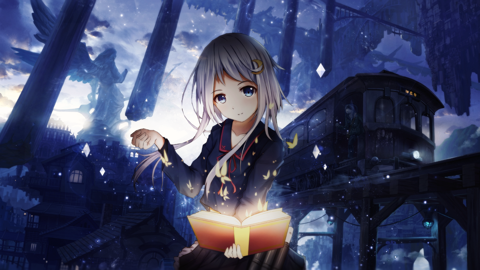 A captivating HD anime wallpaper featuring a girl holding an illuminated book amidst a mystical, nighttime landscape with glowing elements and enchanting scenery.