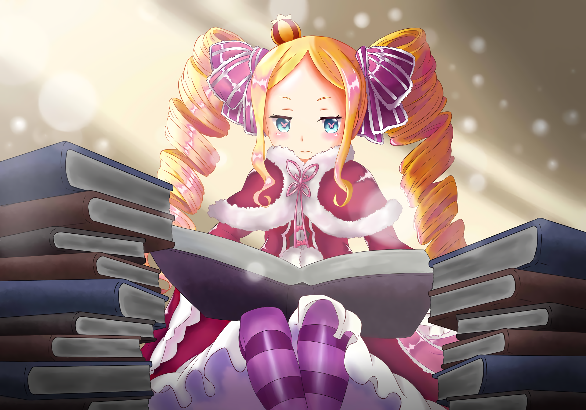 Beatrice from Re:ZERO sits among stacked books, her vibrant orange hair and elegant outfit capturing the enchanting essence of this anime. HD desktop wallpaper.