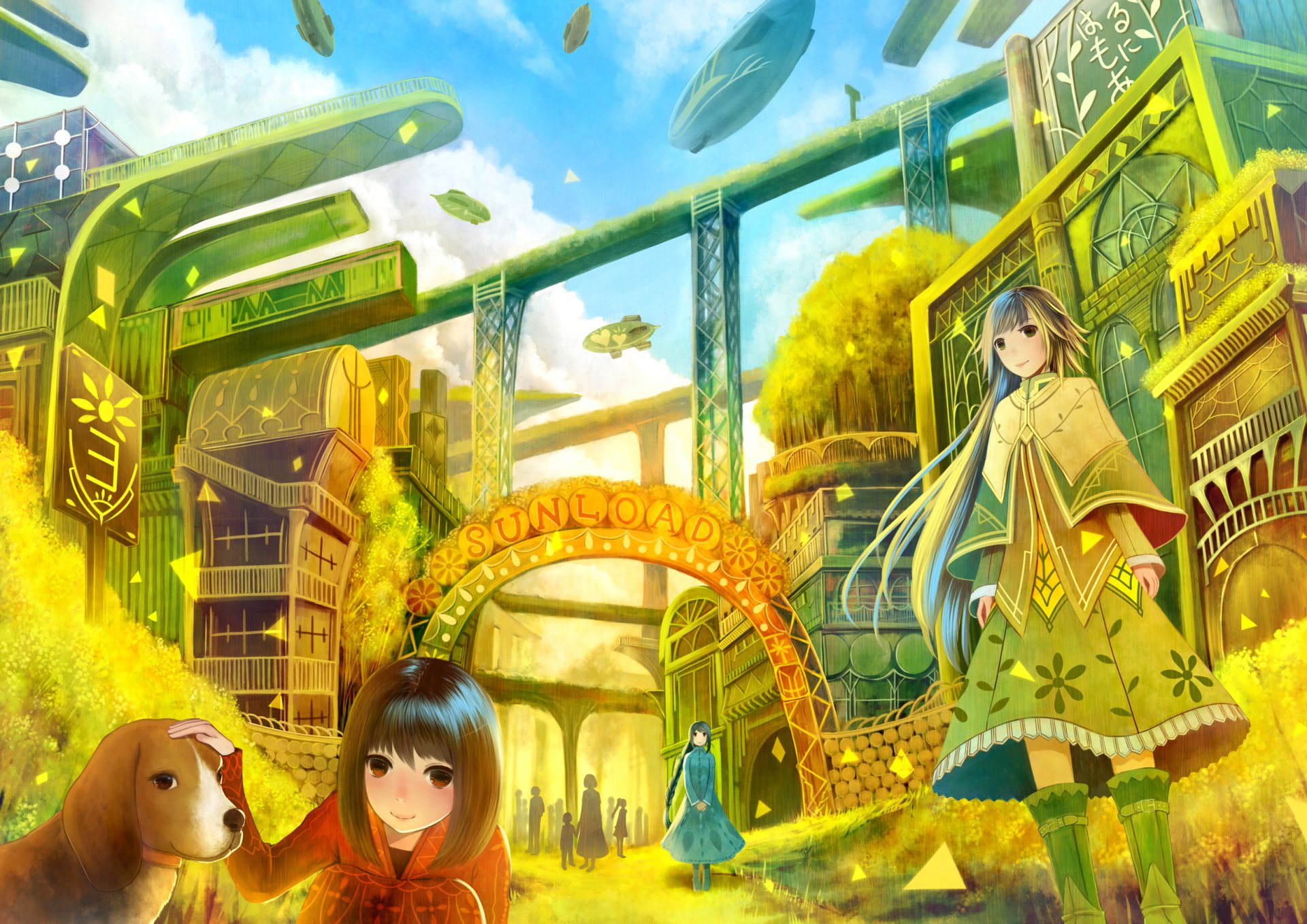 Anime-style HD desktop wallpaper featuring a vibrant cityscape with two girls and a dog, blending original art and bright, detailed backgrounds.