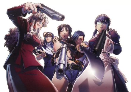 A dynamic HD anime wallpaper from Black Lagoon, featuring a group of strong female characters wielding firearms, exuding intensity and style.