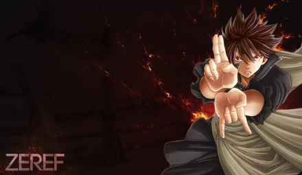 A dynamic HD wallpaper featuring Zeref Dragneel from the anime Fairy Tail, showcasing his powerful stance against a dark, fiery backdrop.