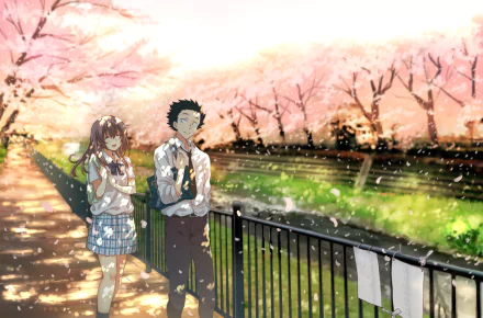 HD desktop wallpaper featuring Shouya Ishida and Shouko Nishimiya from A Silent Voice anime, standing on a path lined with blooming cherry blossoms.