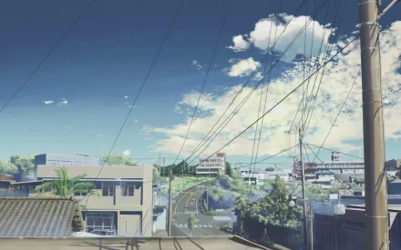 A beautiful urban landscape featuring a clear sky, telephone wires, and buildings, inspired by the anime 5 Centimeters per Second. A vibrant HD wallpaper for city lovers.