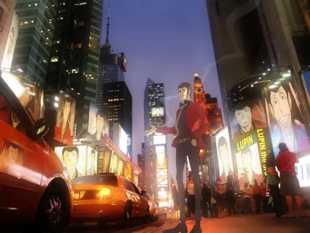 A vibrant HD wallpaper featuring Lupin the Third, set in a bustling Times Square, illuminated by city lights and colorful advertisements, capturing the essence of anime in an urban landscape.