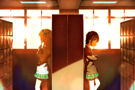 An HD wallpaper featuring Yozora Mikazuki and Sena Kashiwazaki from the anime Boku Wa Tomodachi Ga Sukunai, set in a warm, sunlit school corridor.