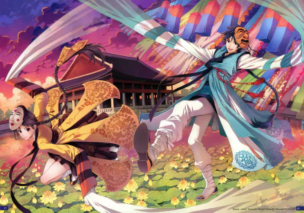 Anime-style 4K Ultra HD wallpaper featuring two characters with blue and brown eyes wearing kimonos, masks, and long braided hair amidst water lilies at sunset.