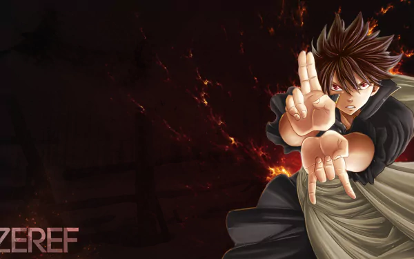 A dynamic HD wallpaper featuring Zeref Dragneel from the anime Fairy Tail, showcasing his powerful stance against a dark, fiery backdrop.