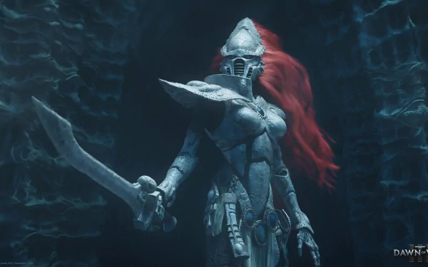 HD PC desktop wallpaper featuring a warrior in armor with red hair from the Warhammer 40,000: Dawn of War III video game universe.