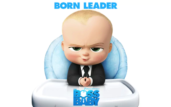 HD wallpaper of Theodore Templeton from The Boss Baby movie, featuring a stern-faced baby in a suit with the caption Born Leader and The Boss Baby title at the bottom.