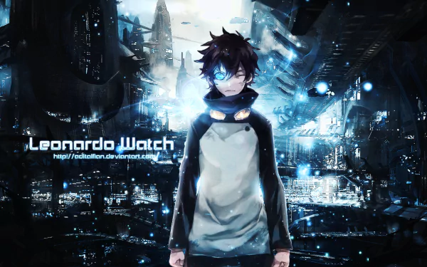 HD PC desktop wallpaper featuring Leonardo Watch from the anime Blood Blockade Battlefront, standing in a futuristic cityscape illuminated by blue lights.