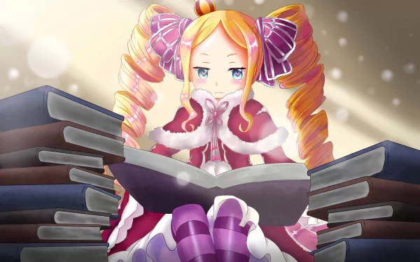 Beatrice from Re:ZERO sits among stacked books, her vibrant orange hair and elegant outfit capturing the enchanting essence of this anime. HD desktop wallpaper.