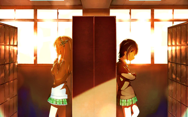 An HD wallpaper featuring Yozora Mikazuki and Sena Kashiwazaki from the anime Boku Wa Tomodachi Ga Sukunai, set in a warm, sunlit school corridor.