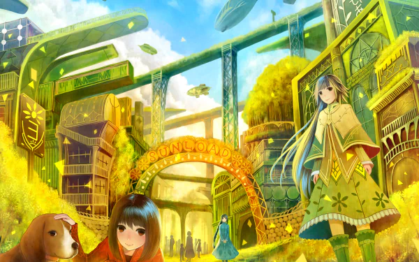 Anime-style HD desktop wallpaper featuring a vibrant cityscape with two girls and a dog, blending original art and bright, detailed backgrounds.