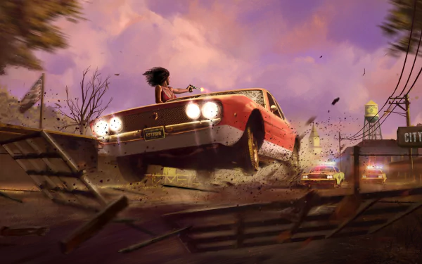 Mafia III video game 4K Ultra HD PC desktop wallpaper: red vintage car jumps over broken roadway at sunset, driver silhouetted against a purple-orange sky and gritty city streets.