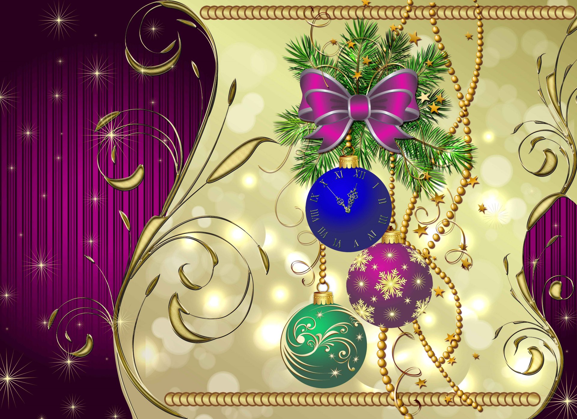A 4K Ultra HD wallpaper featuring gold and purple holiday ornaments, a clock, and festive greenery with a purple bow, blending Christmas and New Year themes.