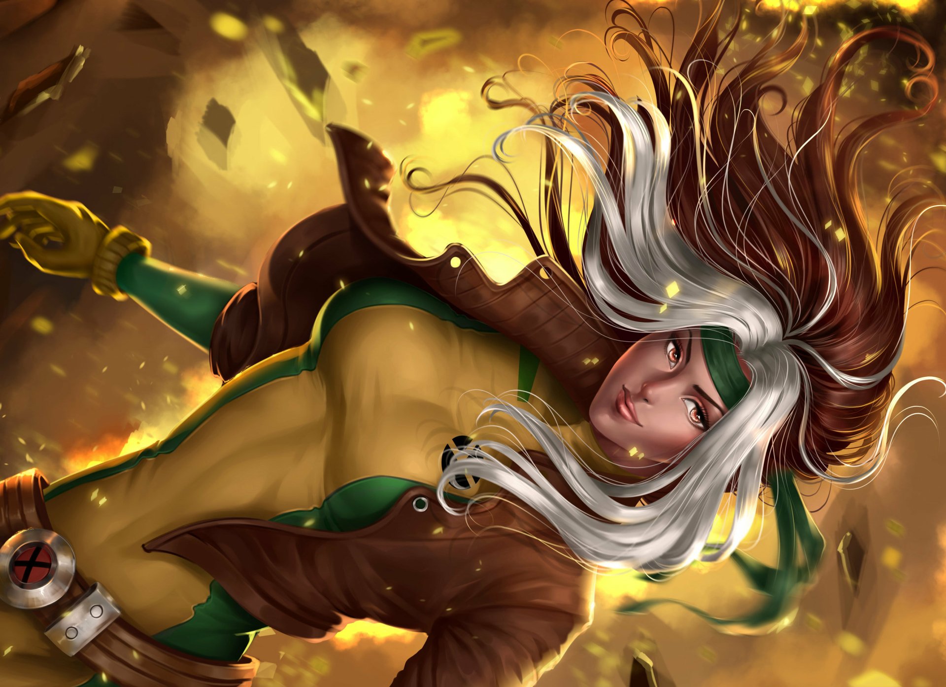 HD desktop wallpaper of Rogue from X-Men with her signature two-toned white and brown hair, brown eyes, and mutant powers in a dynamic comic style.