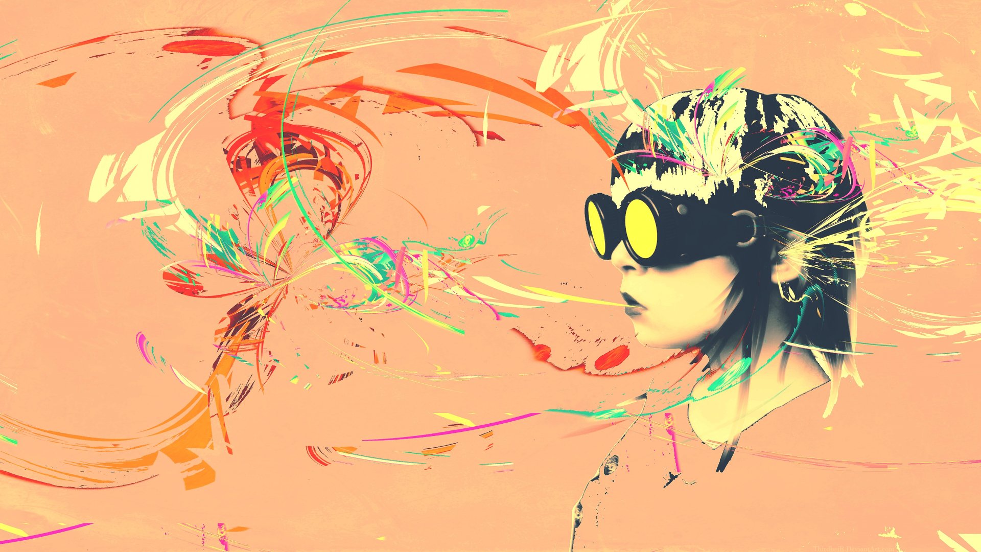 A vibrant steampunk-inspired abstract illustration featuring a figure with yellow goggles, surrounded by swirling colors, designed as a 4K Ultra HD wallpaper for a striking background.