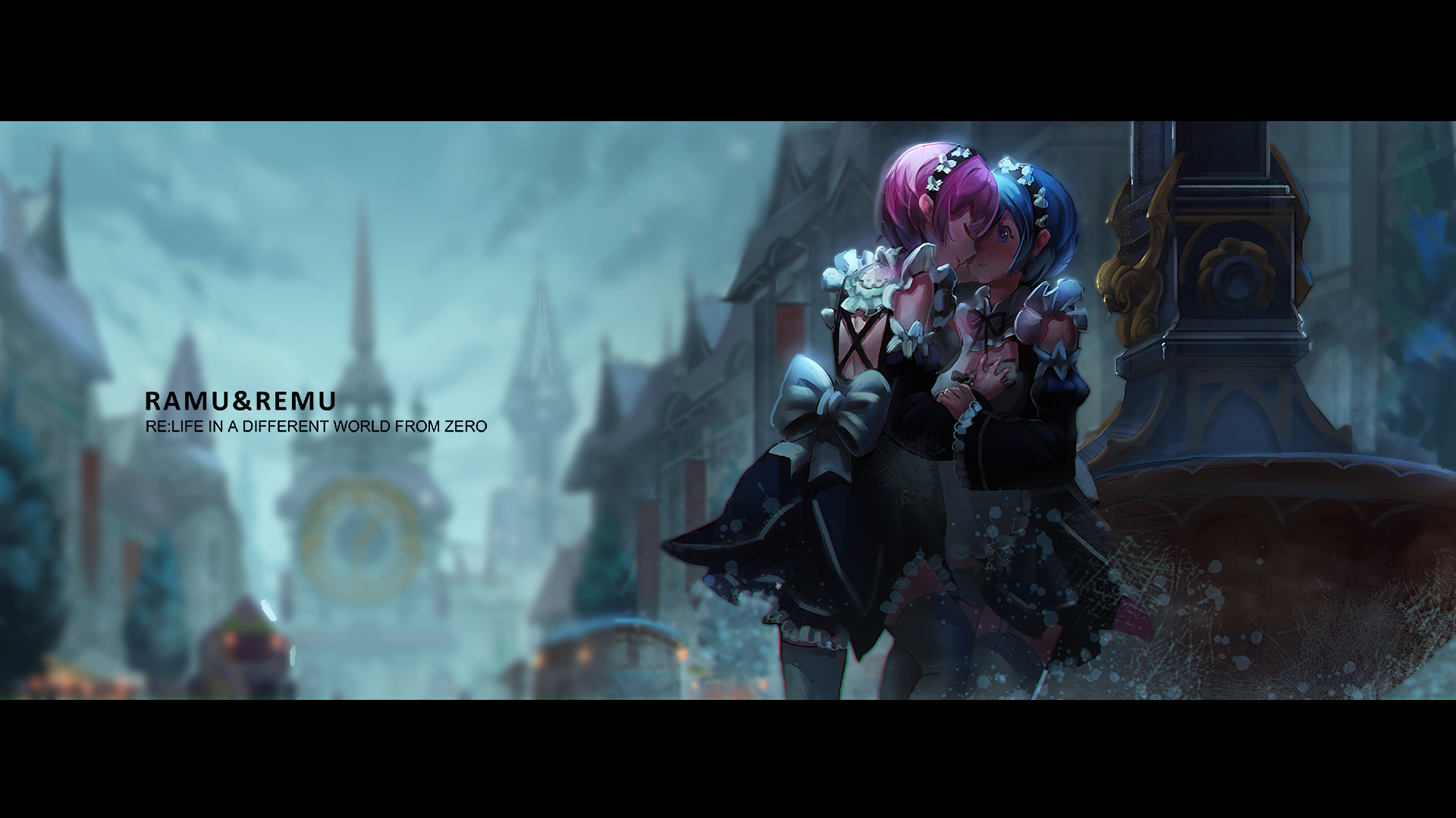 A stunning HD wallpaper featuring Ram and Rem from the anime Re:Zero - Starting Life in Another World, set against a beautifully detailed fantasy background.