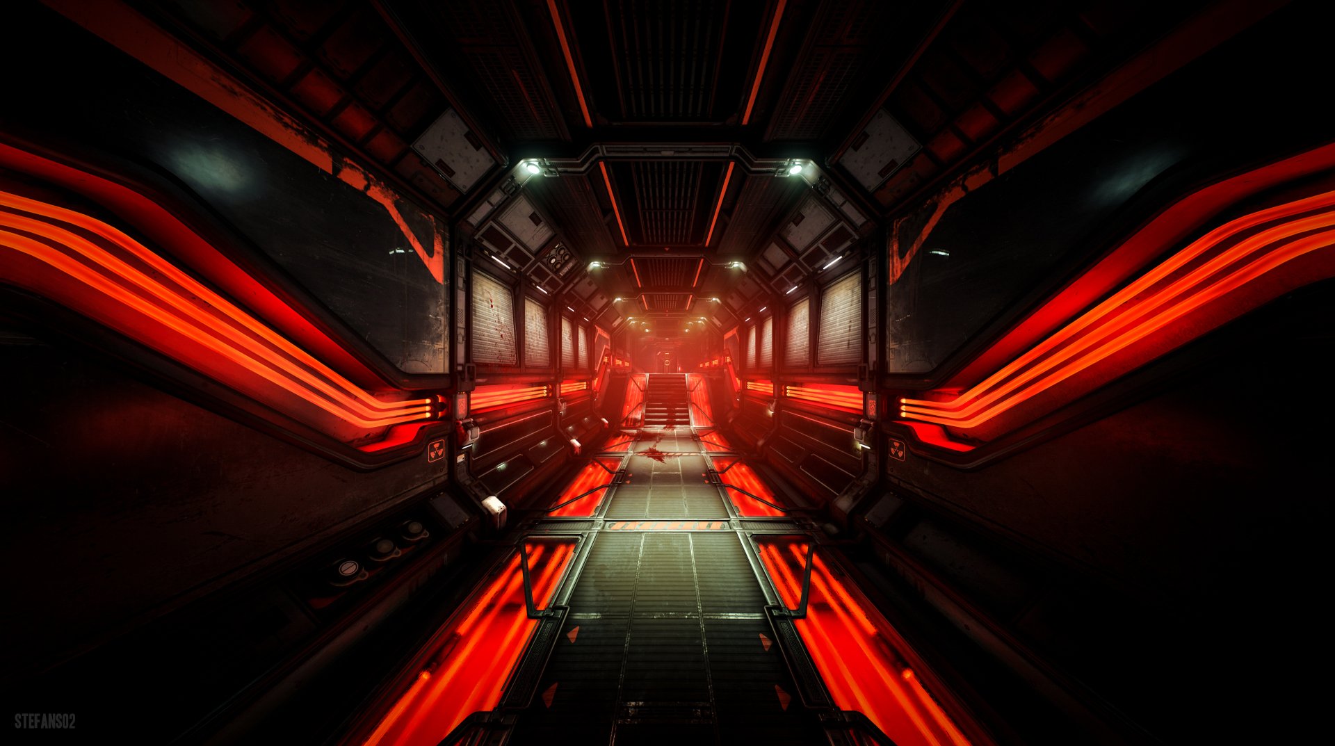 A dynamic corridor illuminated with intense red lights, inspired by the video game Doom (2016), serves as an engaging HD PC desktop wallpaper.
