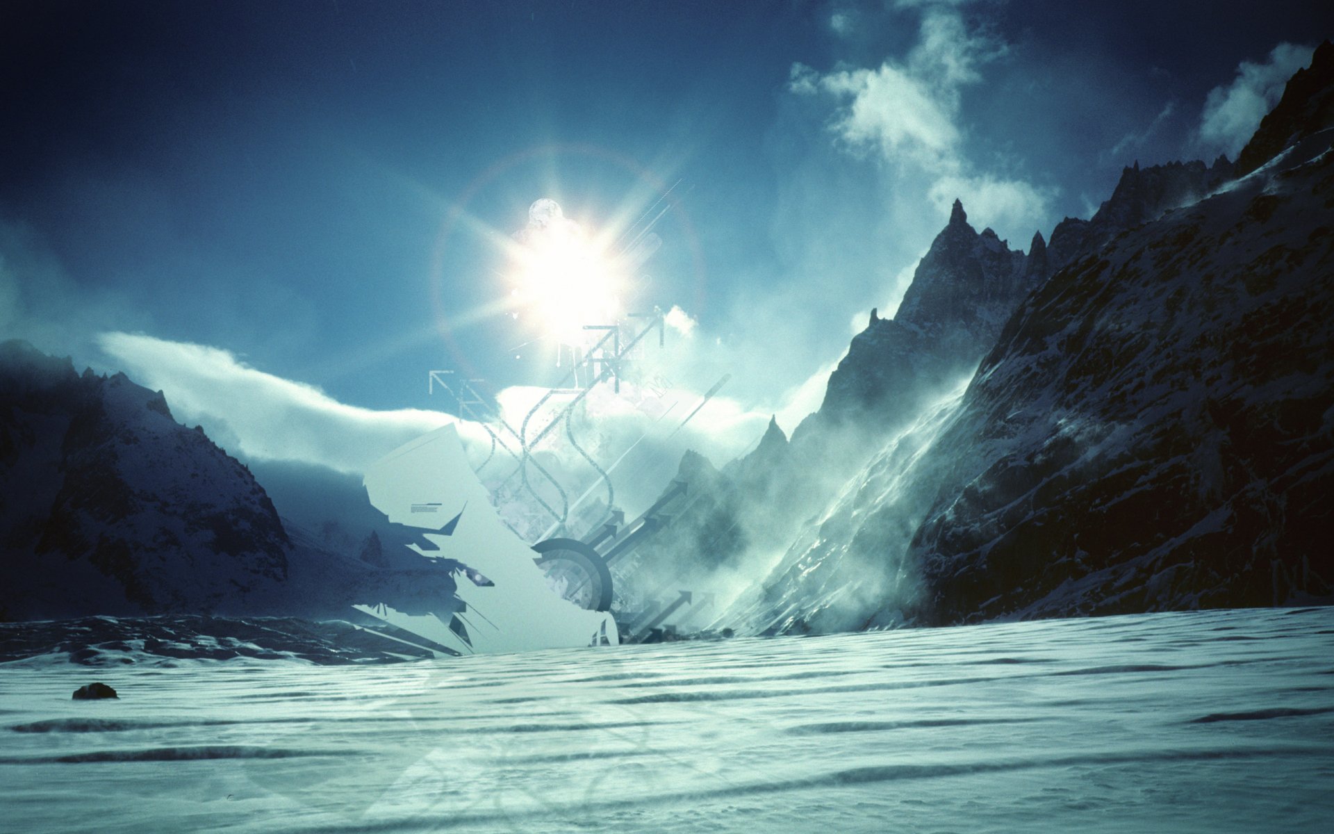 HD PC desktop wallpaper featuring an artistic view of a sunlit, misty mountain landscape with snow-covered peaks and a dramatic sky.