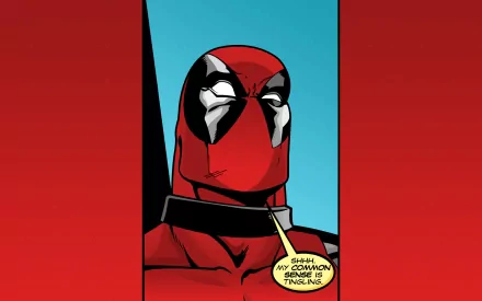 Deadpool, known as the Merc with a Mouth, features in this vibrant HD comic wallpaper, showcasing his humor with the quote about his tingling common sense.
