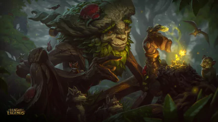 HD PC desktop wallpaper: Ivern (League of Legends) — a gentle tree-like guardian in a misty forest tending glowing seedlings with tiny animal companions; video game background art.
