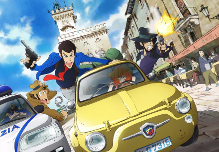HD anime desktop wallpaper featuring Lupin the Third characters in an intense car chase through a vibrant European town.