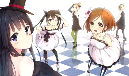 HD PC desktop wallpaper and background of K-ON! anime girls in frilly dresses on a reflective checkered floor, bright pastel colors and playful poses.