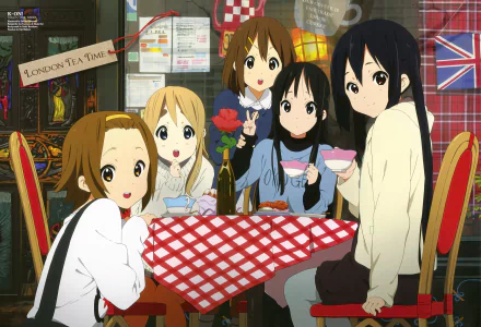 Five main characters from the anime K-ON!—Azusa Nakano, Ritsu Tainaka, Yui Hirasawa, Mio Akiyama, and Tsumugi Kotobuki—gather around a table in a cozy café setting.