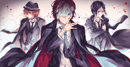HD desktop wallpaper of three characters from the anime Bungou Stray Dogs, featuring dramatic poses and detailed outfits.