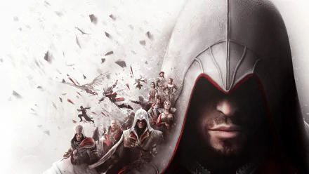 A striking HD wallpaper featuring Ezio from Assassin's Creed, showcasing the iconic character alongside other Assassins against a dynamic, vivid background.