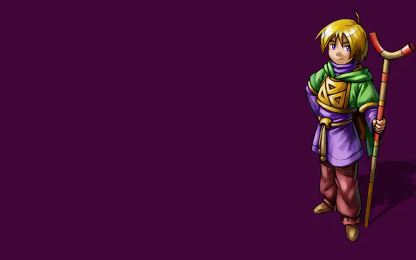 HD PC desktop wallpaper featuring Ivan from the video game Golden Sun, standing with his staff against a deep purple background.