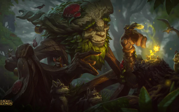 HD PC desktop wallpaper: Ivern (League of Legends) — a gentle tree-like guardian in a misty forest tending glowing seedlings with tiny animal companions; video game background art.