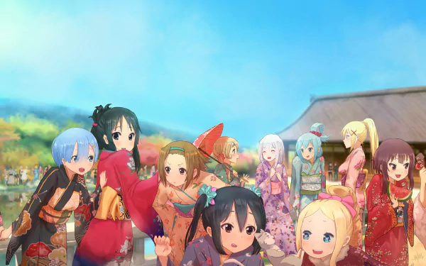 HD anime crossover desktop wallpaper featuring multiple characters in vibrant traditional attire, set against a scenic background with blue skies and a picturesque building.