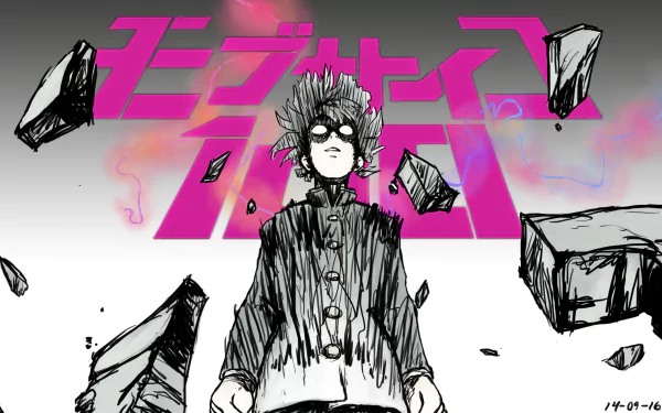 HD desktop wallpaper featuring Shigeo Kageyama from Mob Psycho 100, depicted in a dynamic black and white sketch with floating debris and vibrant text in the background.