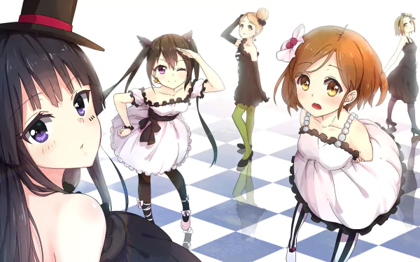 HD PC desktop wallpaper and background of K-ON! anime girls in frilly dresses on a reflective checkered floor, bright pastel colors and playful poses.
