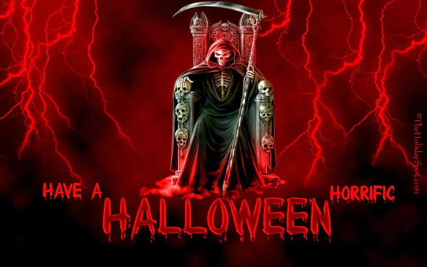 HD desktop wallpaper featuring a grim reaper with a scythe sitting on a throne amid red lightning, set against a dark, eerie Halloween holiday backdrop.