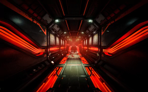 A dynamic corridor illuminated with intense red lights, inspired by the video game Doom (2016), serves as an engaging HD PC desktop wallpaper.