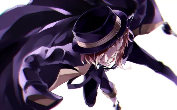 Dynamic HD wallpaper featuring Chuuya Nakahara from the anime Bungou Stray Dogs, showcasing his intense expression and stylish outfit in a dramatic pose.