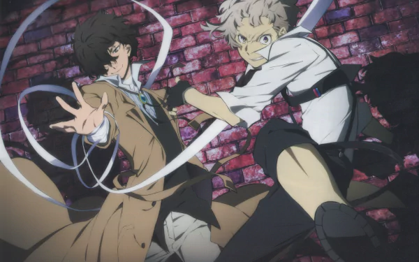 Anime characters from Bungou Stray Dogs pose dynamically against a brick wall in this vibrant 8K Ultra HD PC desktop wallpaper and background.