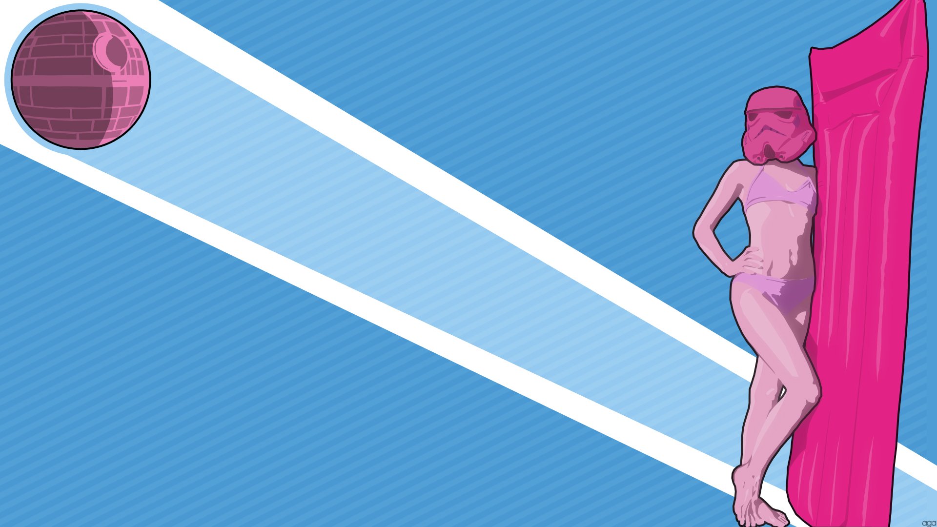 A stylish HD desktop wallpaper featuring a playful Star Wars theme, showcasing a character in a pink outfit beside a pink curtain, with a Death Star graphic in the background.