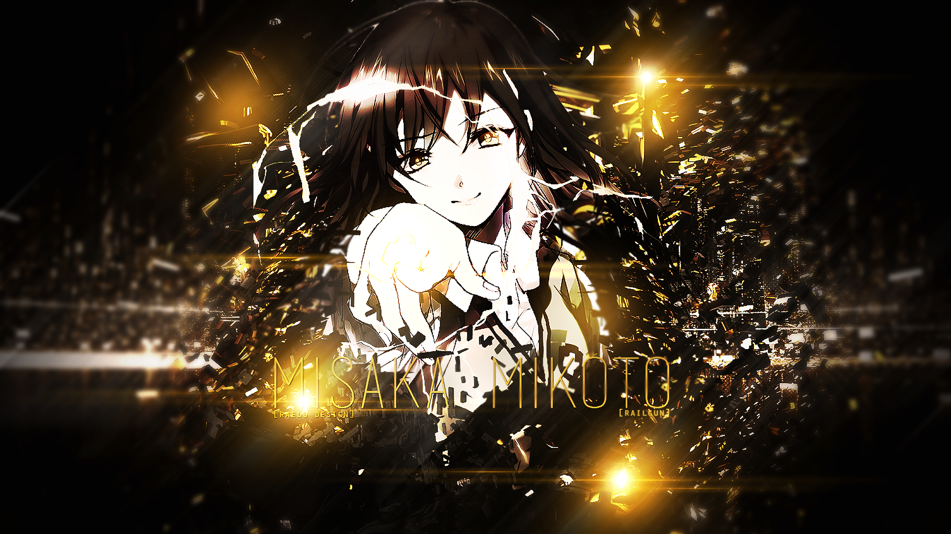 HD PC wallpaper of Mikoto Misaka from A Certain Scientific Railgun, reaching forward amid golden sparks and floating debris on a dark, glowing background.