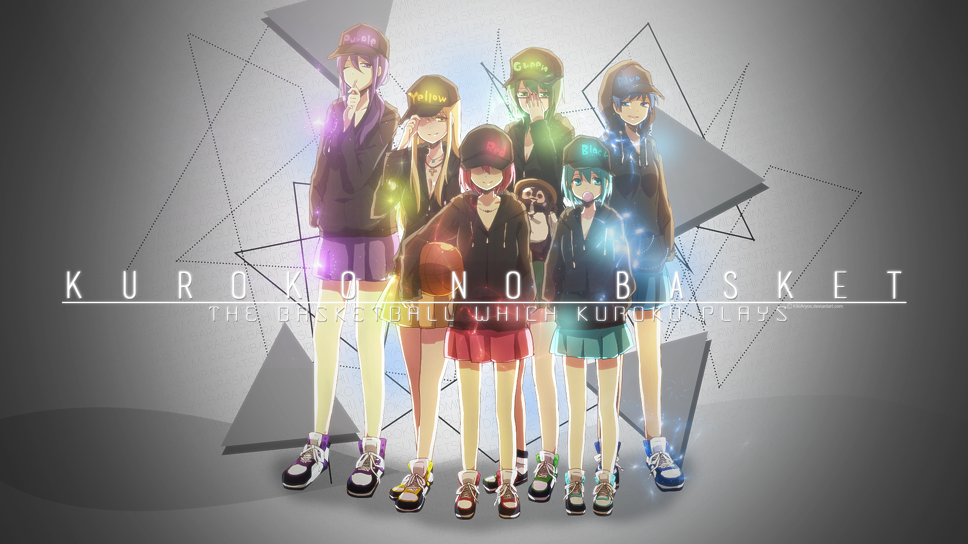 HD PC desktop wallpaper featuring the main characters from the anime Kuroko's Basketball in vibrant colors with geometric gray shapes in the background.