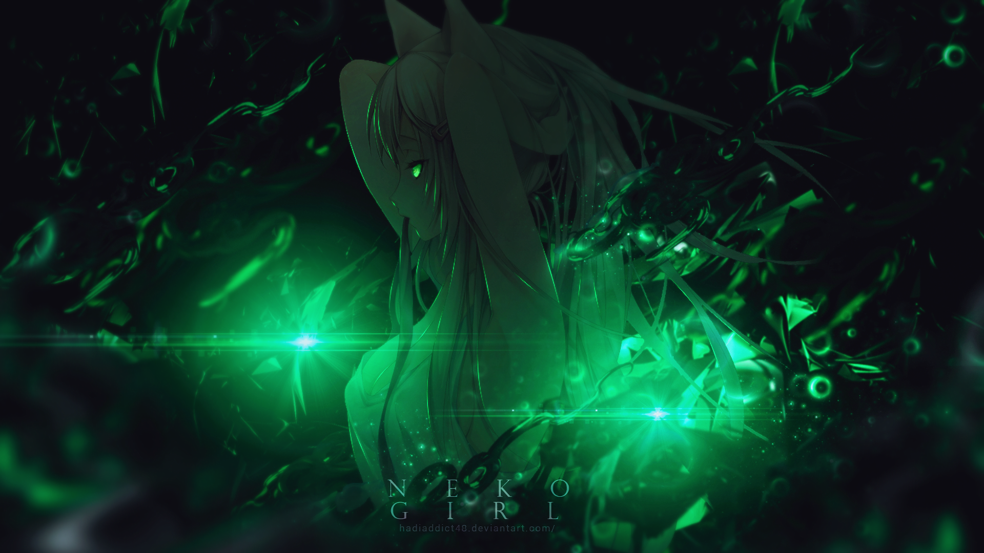 HD anime original artwork featuring a mysterious girl in dark, glowing green tones, designed as a striking PC desktop wallpaper and background.
